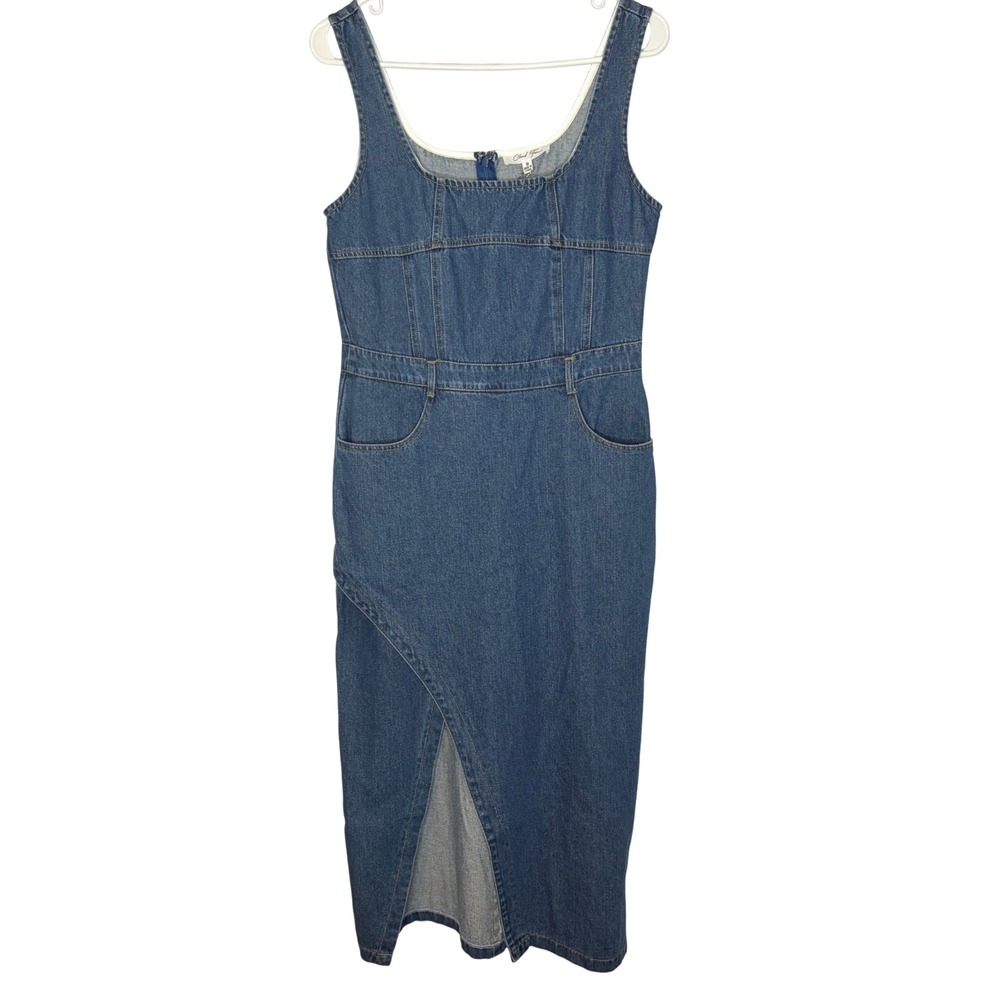 Cloud Ten Chambray NWT Denim Midi Dress Medium Boho Blue Square Neck Slit Cotton